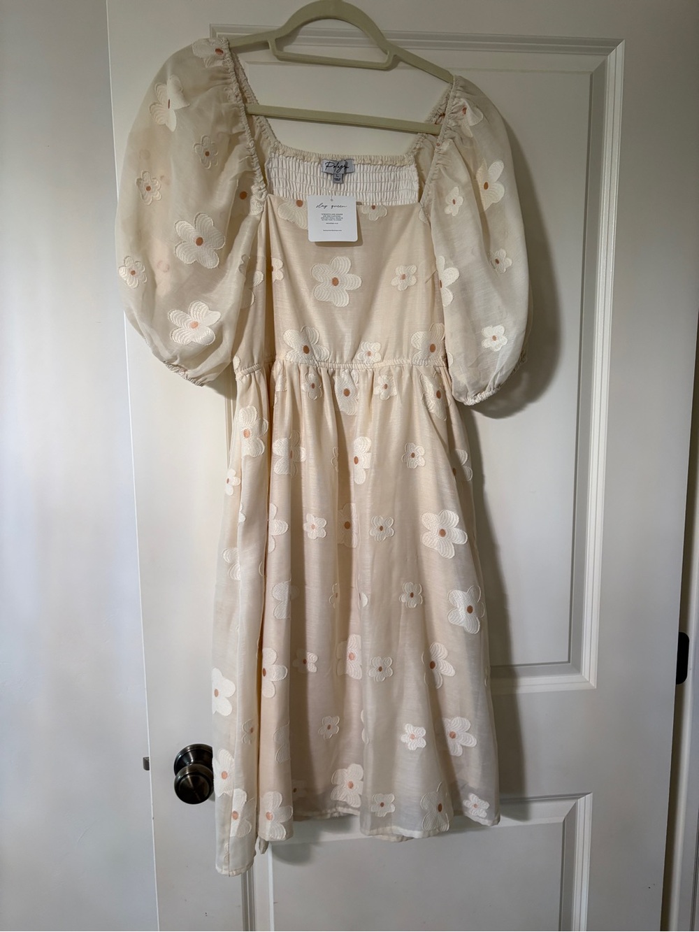 Polagram Cream Floral Puff-Sleeve Mini Dress